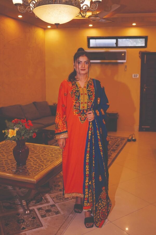 Embroidered Orange & Royal Blue Ethnic Set