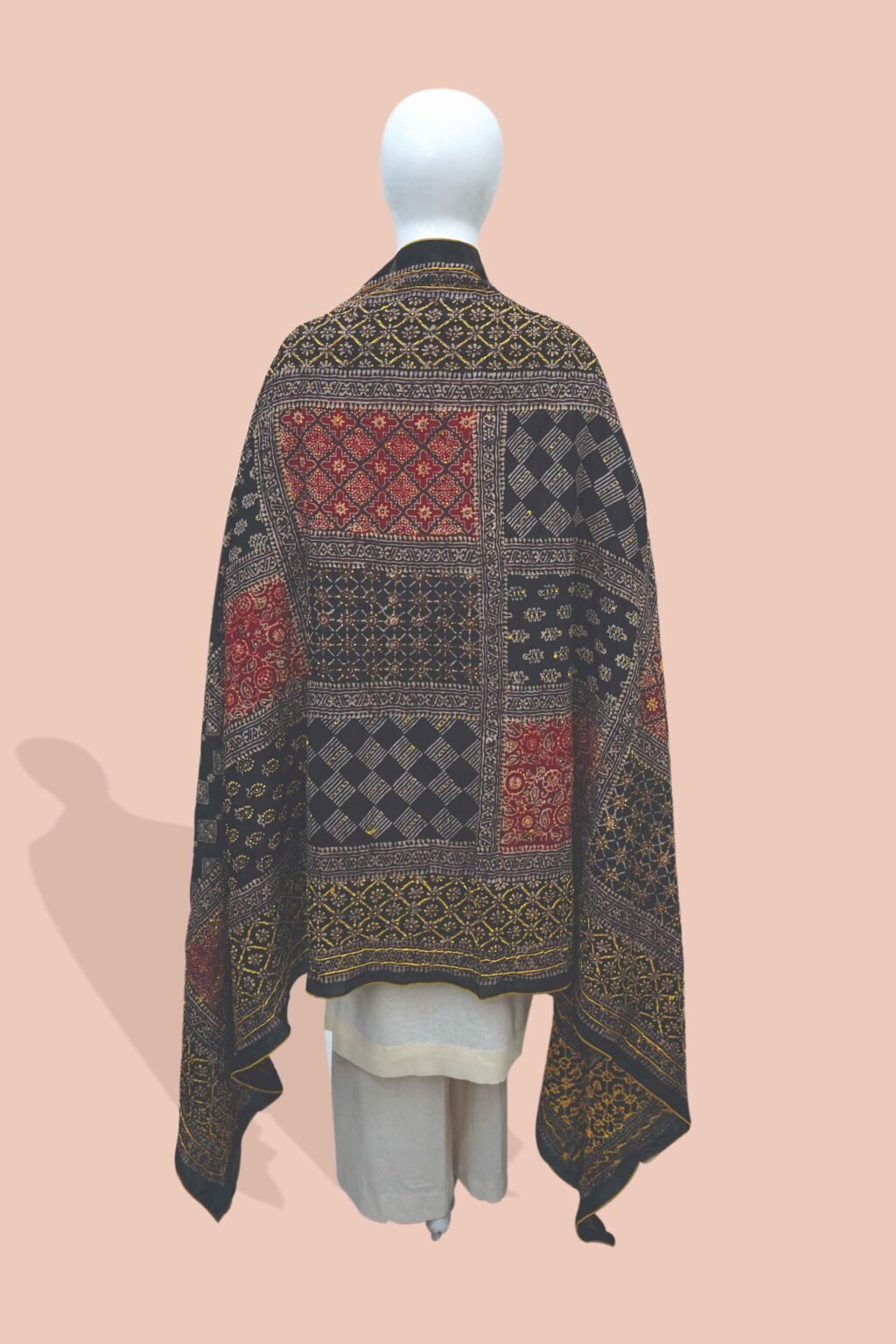 Heritage Flame – Royal Ajrak Shawl with Golden Detailing