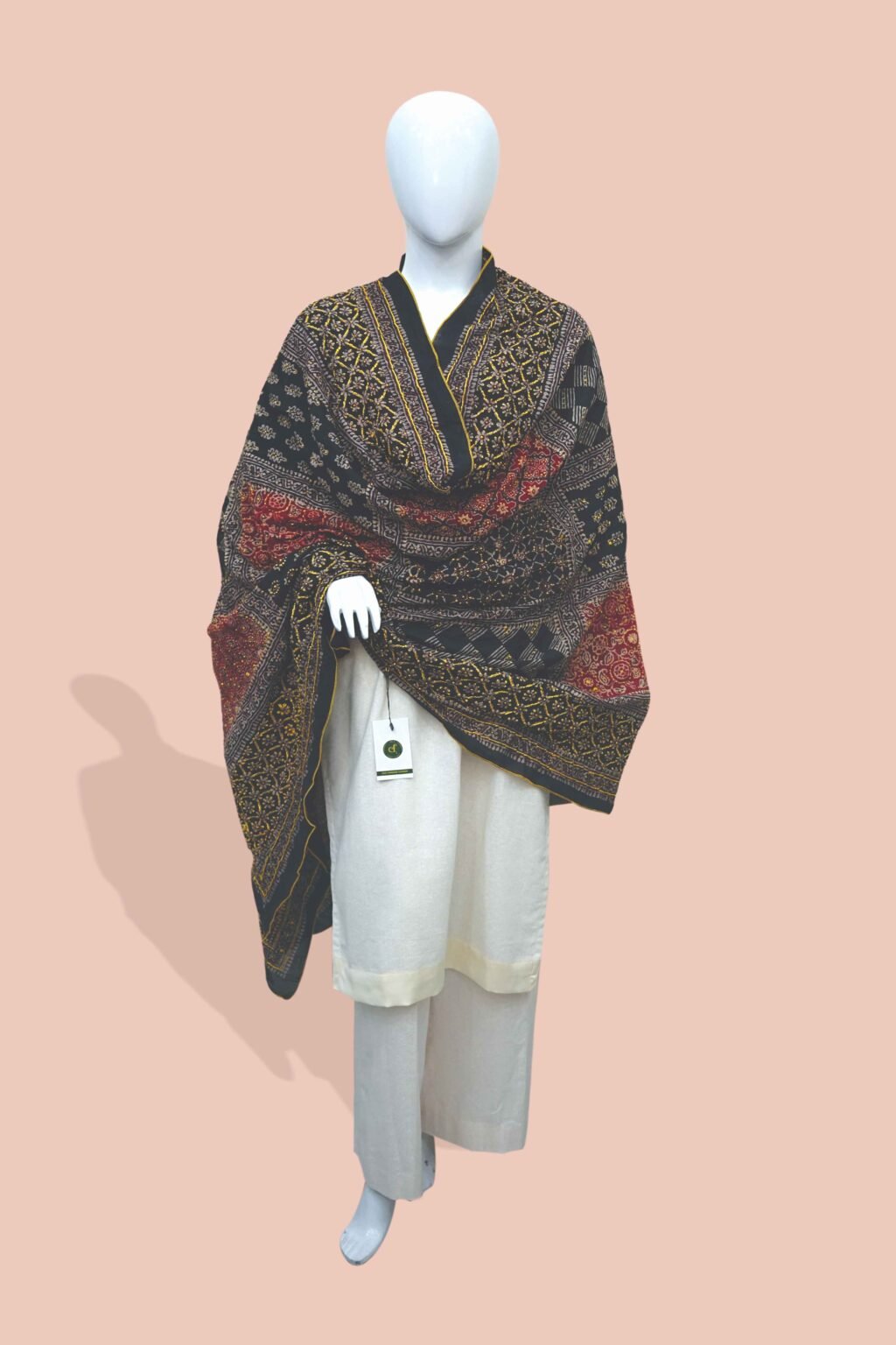 Heritage Flame – Royal Ajrak Shawl with Golden Detailing