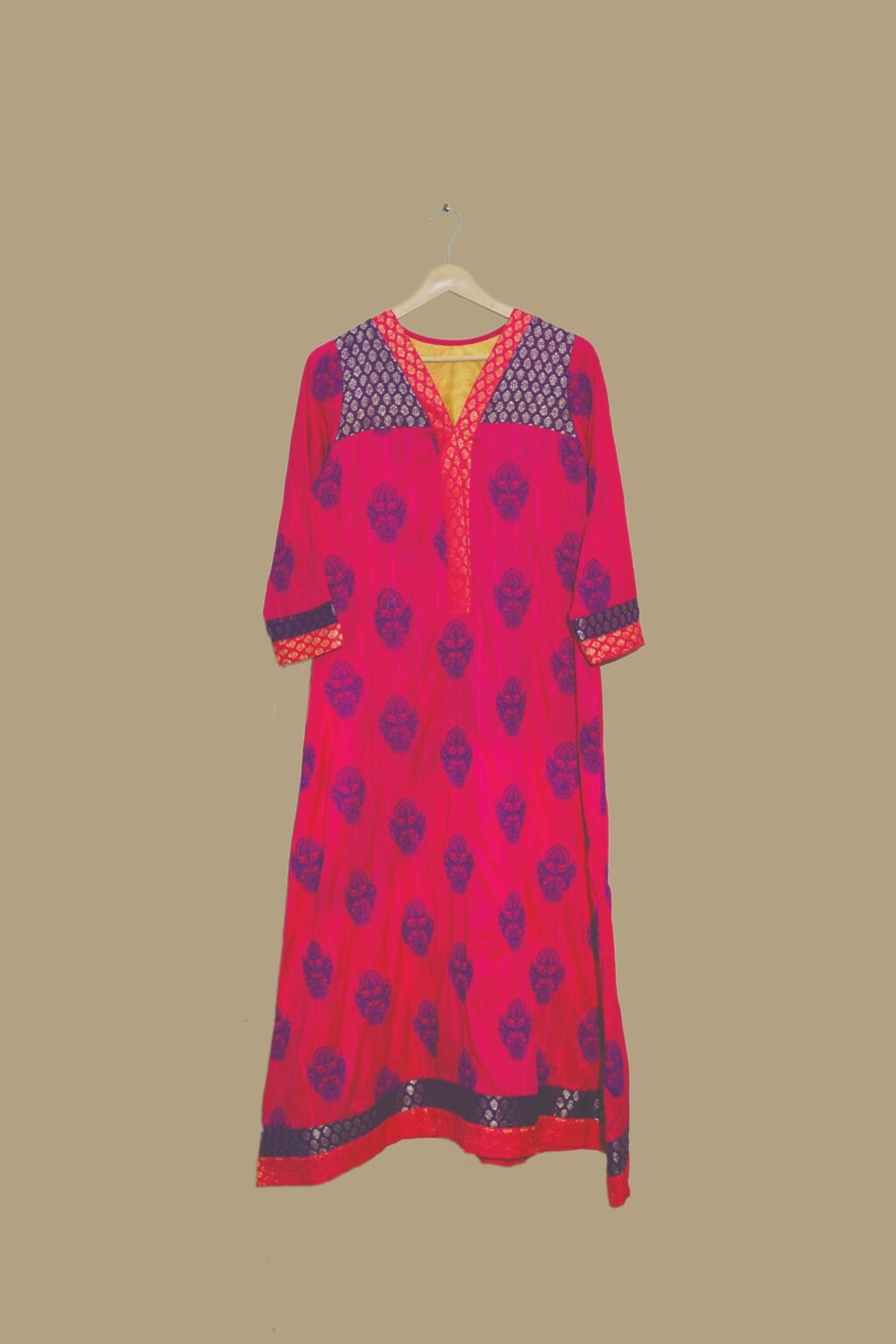 Magenta Printed Cotton Kurti with Contrasting Yoke
