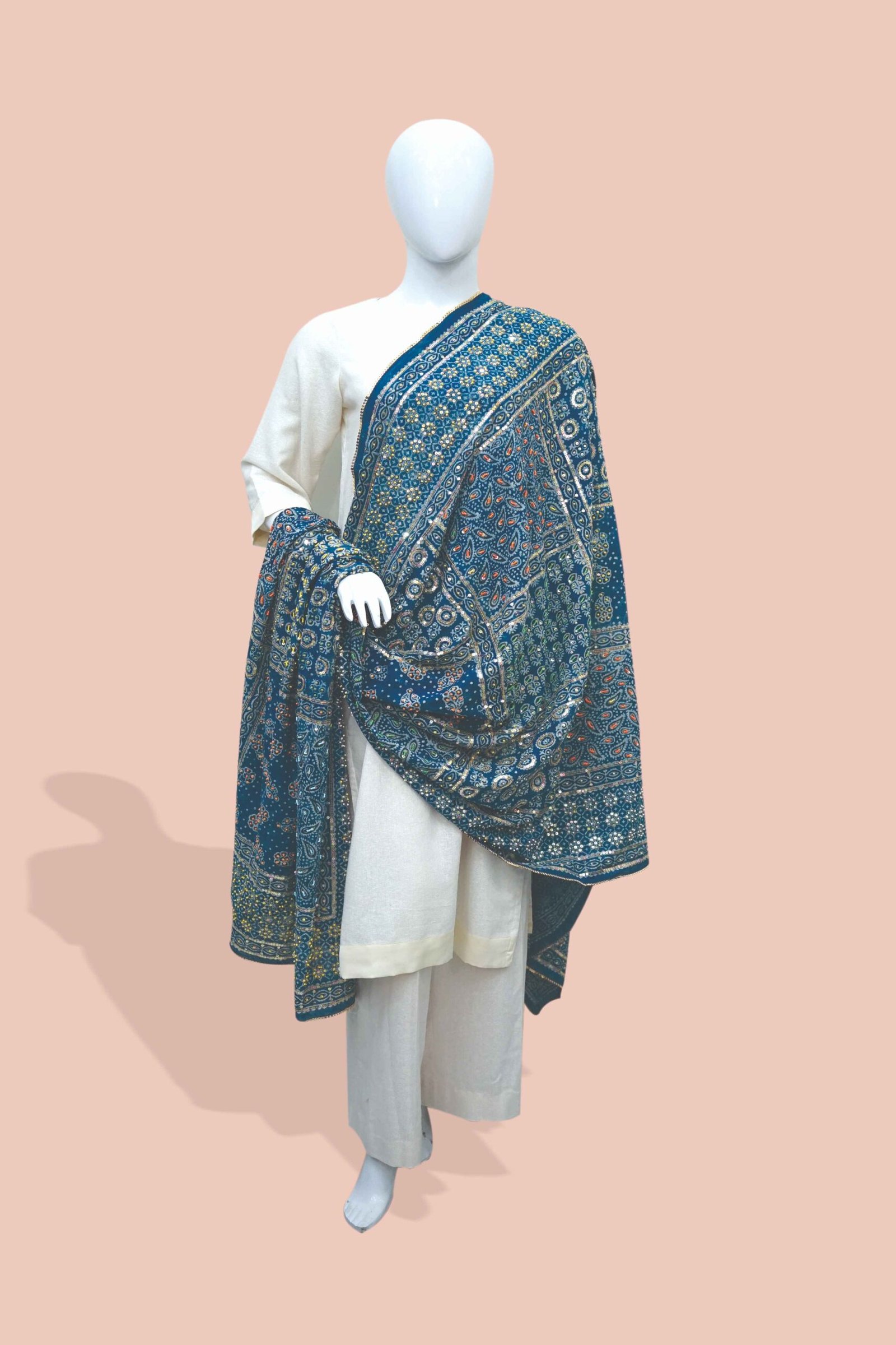 Midnight Blue Luxe Shawl with Intricate Pattern Detailing