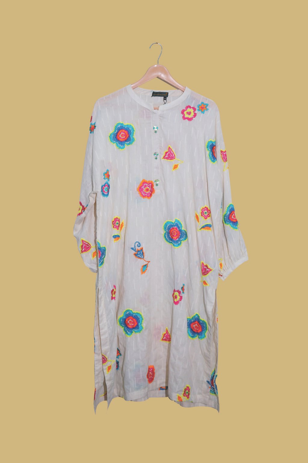 Off-White Kurti with Neon Multicolor Embroidered Floral Motifs