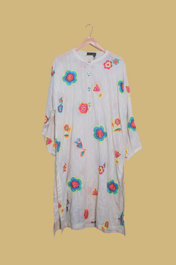 Off-White Kurti with Neon Multicolor Embroidered Floral Motifs