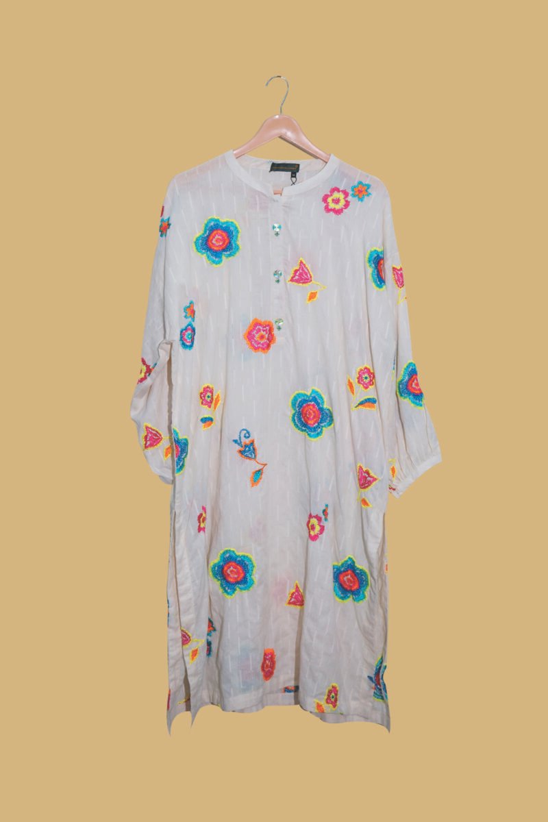 Off-White Kurti with Neon Multicolor Embroidered Floral Motifs