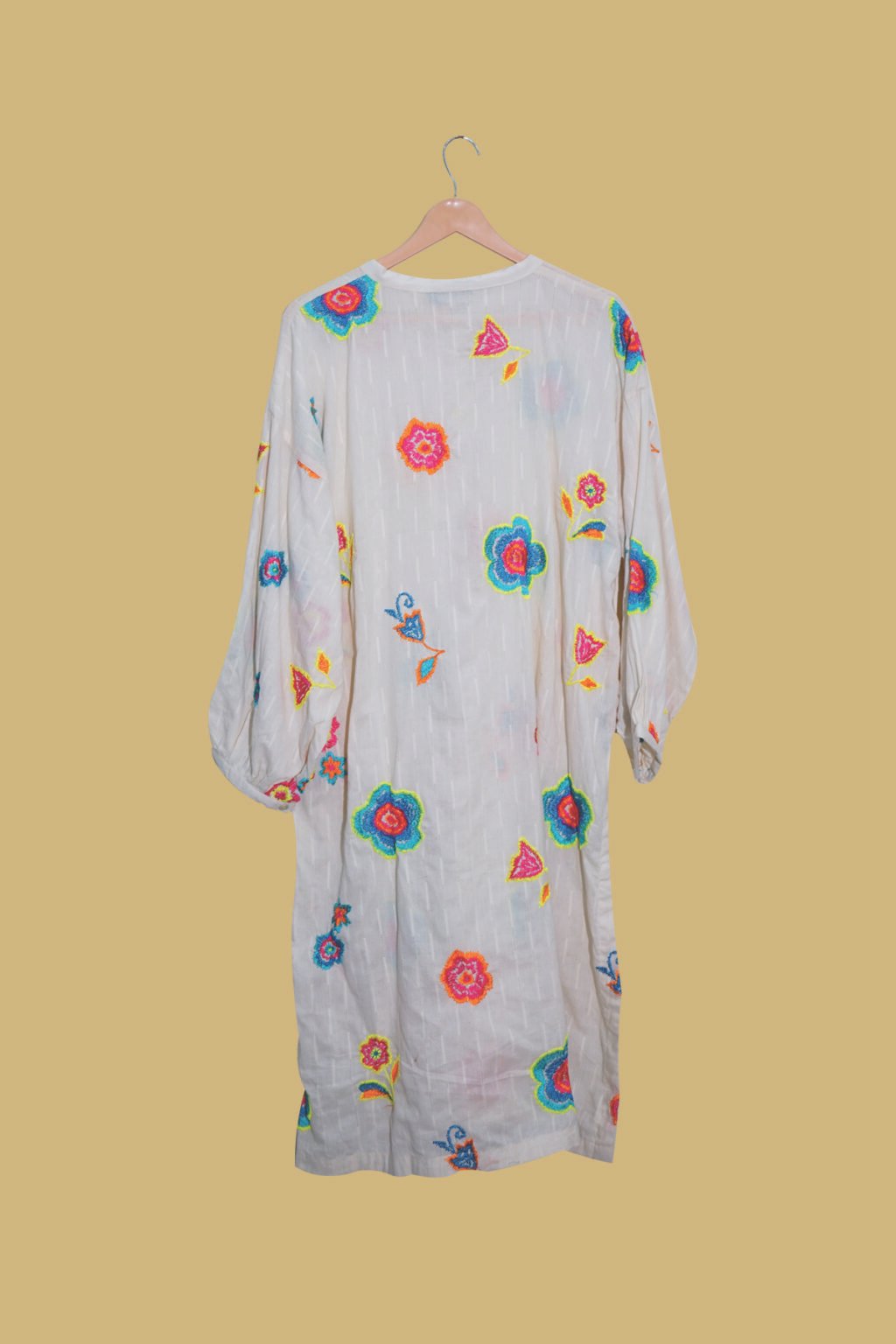 Off-White Kurti with Neon Multicolor Embroidered Floral Motifs