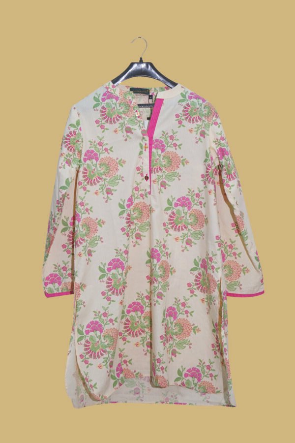 Off-White Kurti with Pink & Green Floral Print