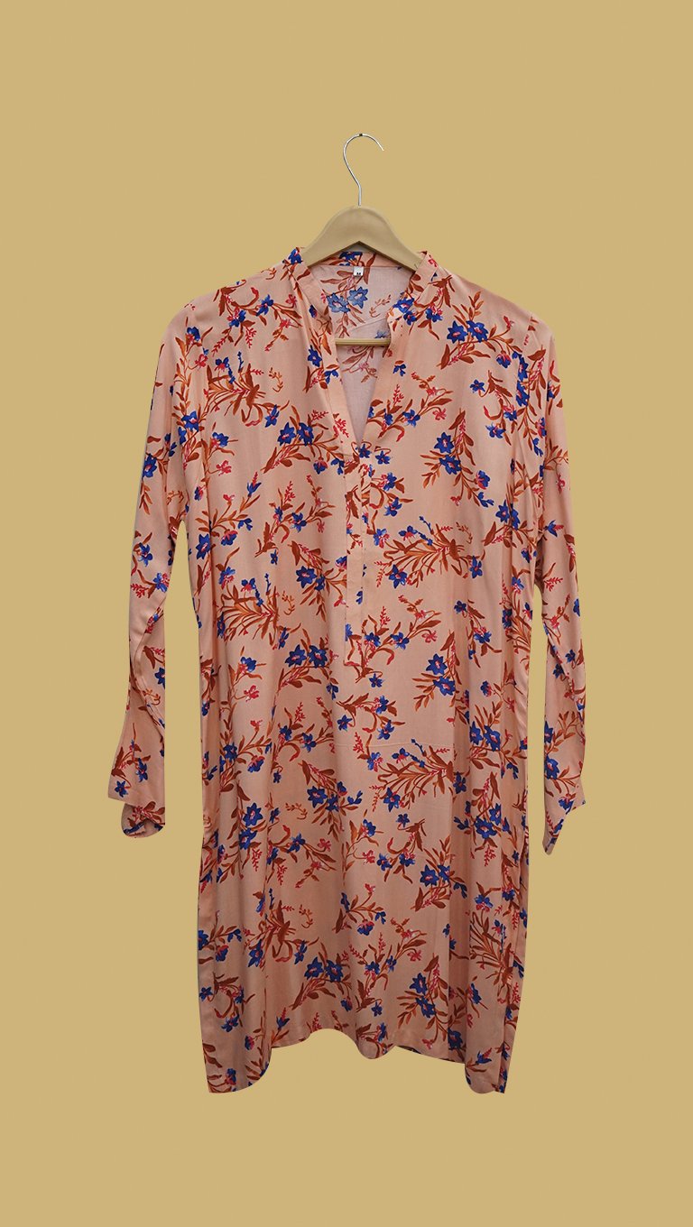 Peach Floral Kurti – A Splash of Red & Blue Blossoms