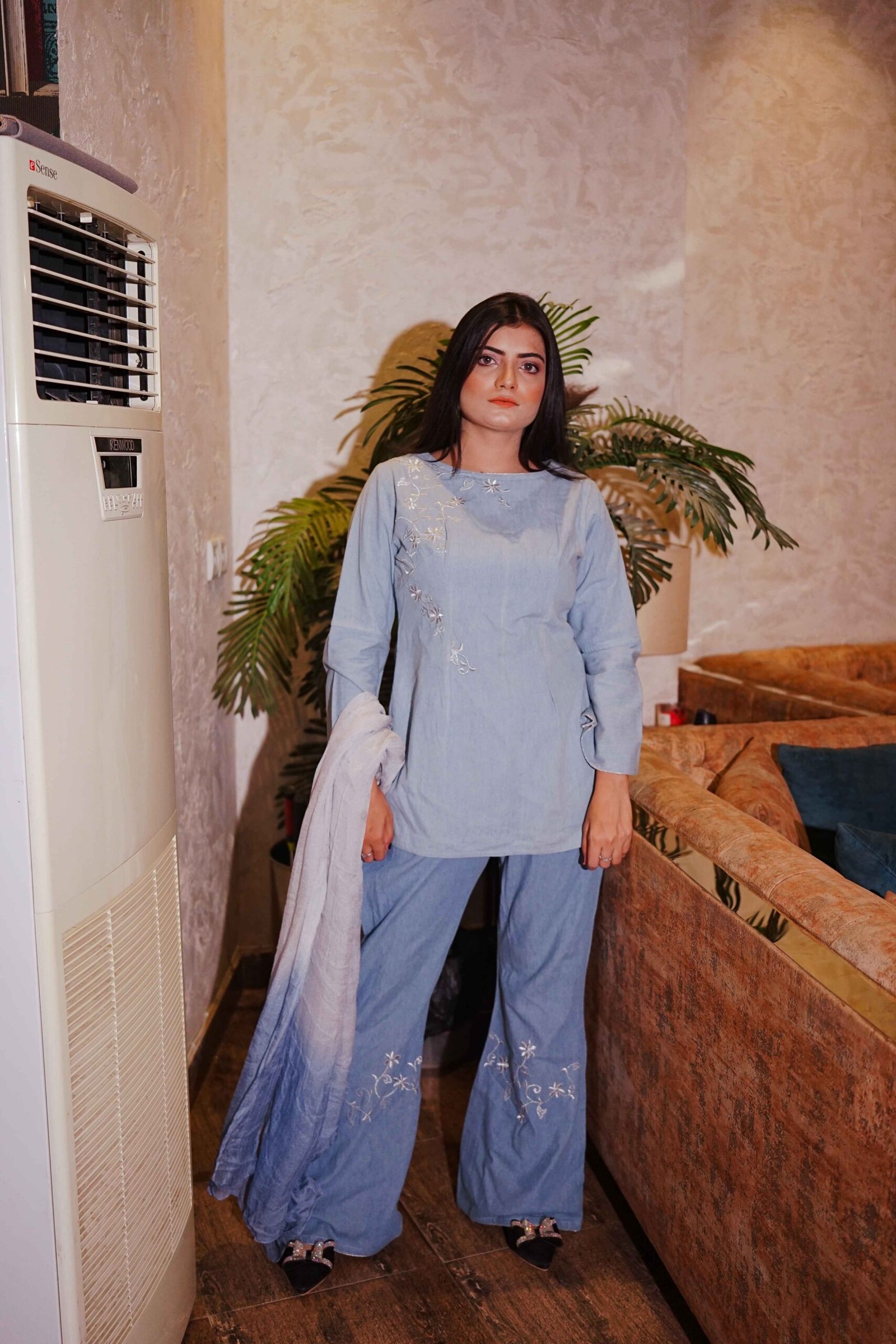 Powder Gray Embroidered Cotton Co-Ord Set