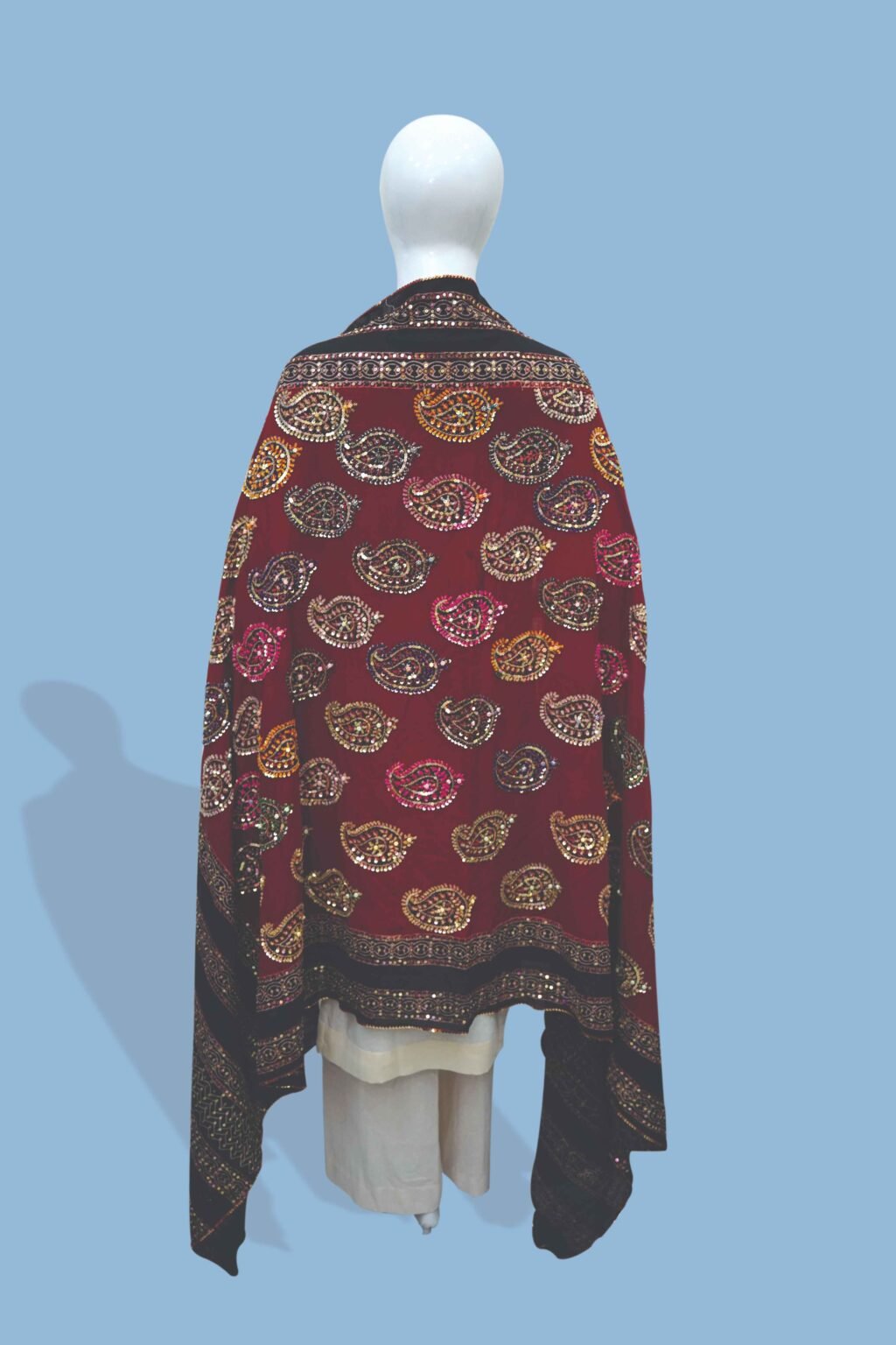 Regal Maroon Shawl with Embellished Paisley Motifs