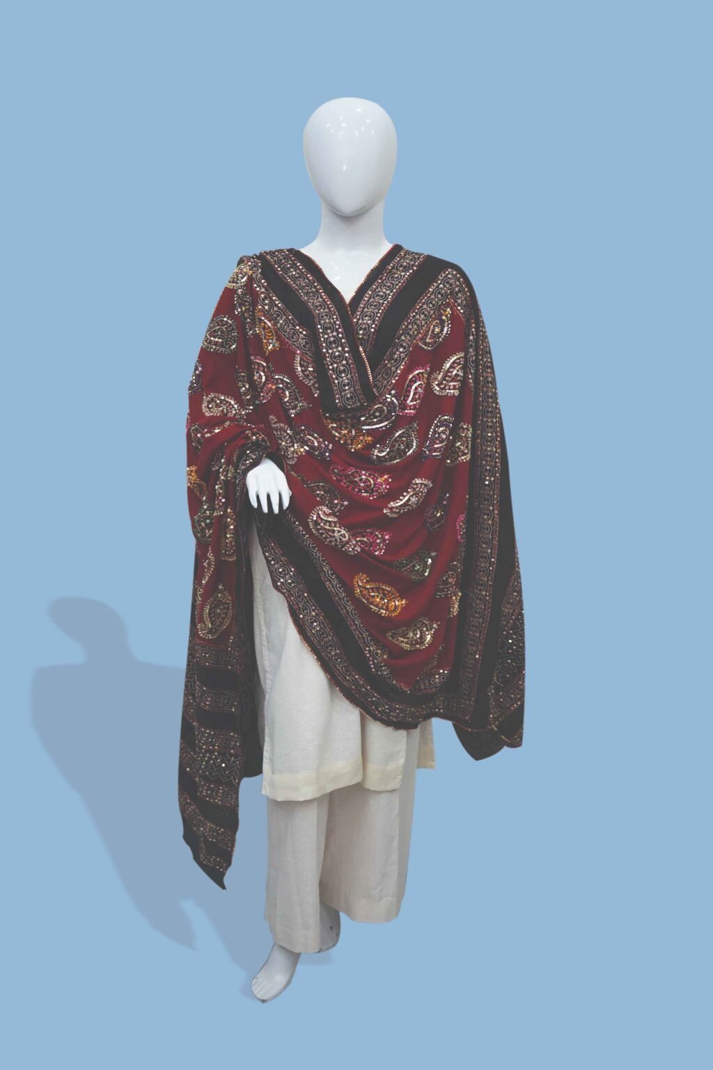 Regal Maroon Shawl with Embellished Paisley Motifs