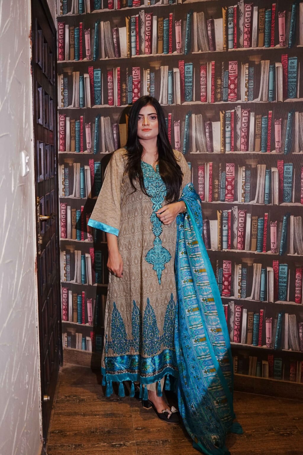Royal Beige & Turquoise Printed Lawn Dress