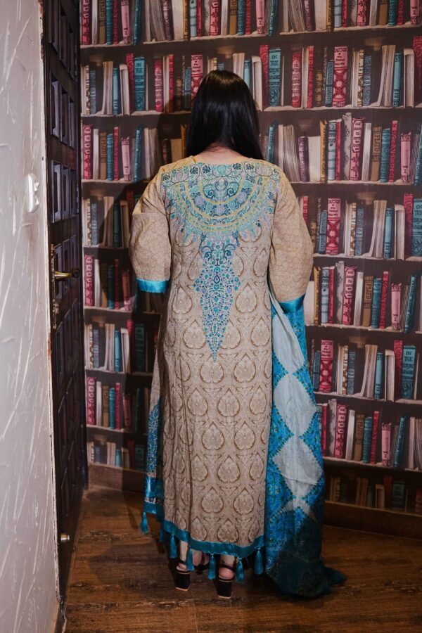 Royal Beige & Turquoise Printed Lawn Dress