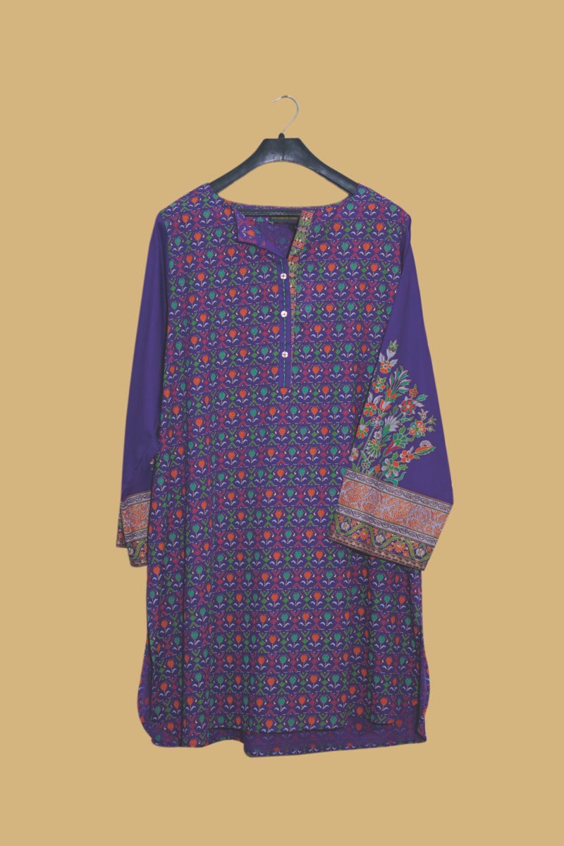 Royal Blue Printed Kurti with Embroidered Floral Sleeve