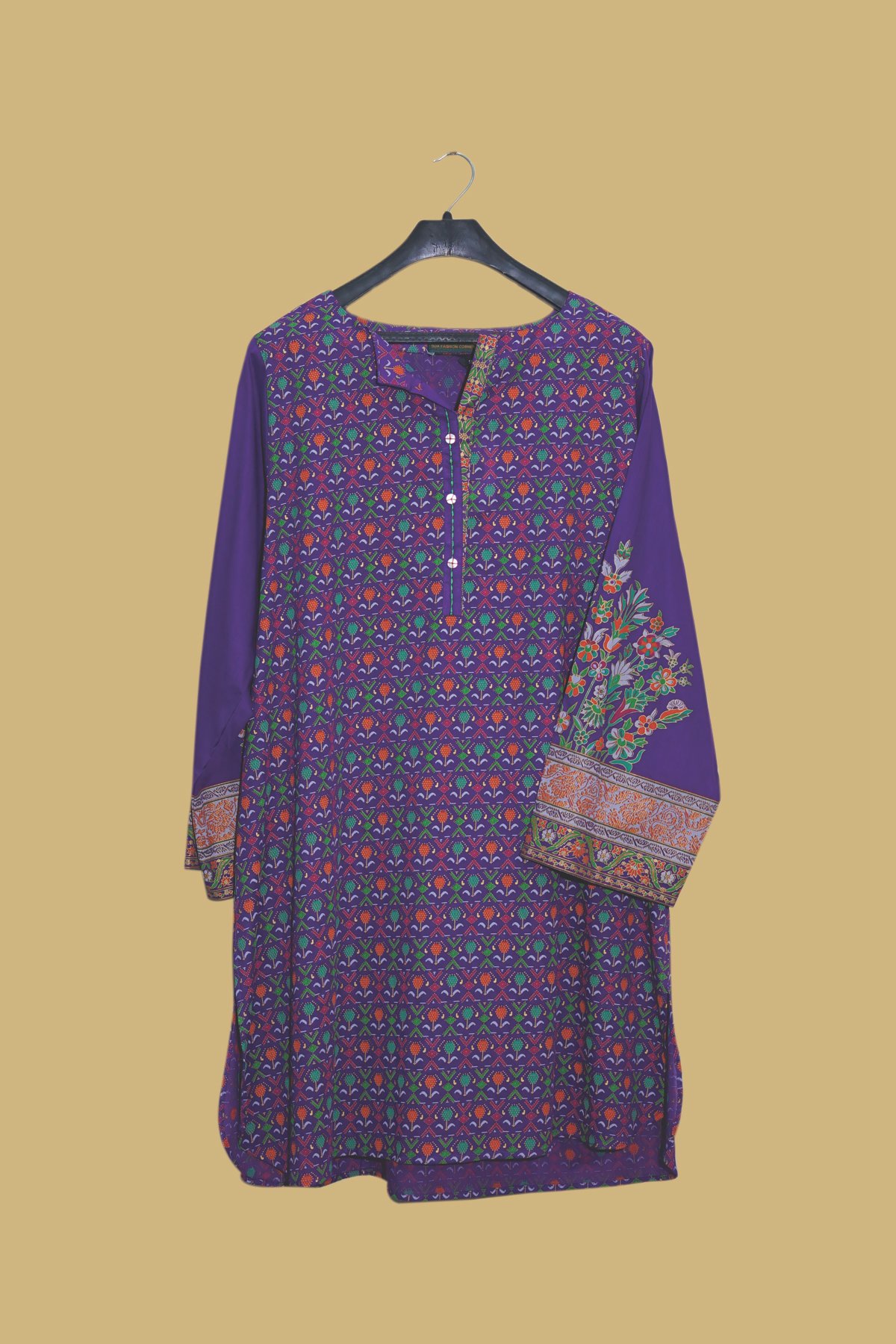 Royal Blue Printed Kurti with Embroidered Floral Sleeve