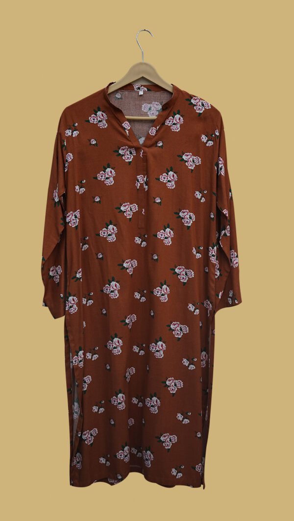 Rust Bloom Kurti – Earthy Brown with Blush Pink Roses