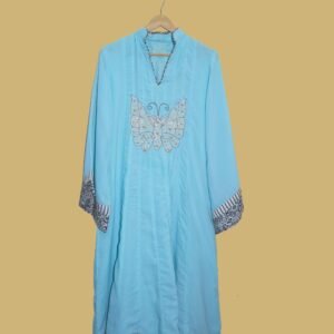 Sky Blue Butterfly Embroidered Kurti with Printed Borders