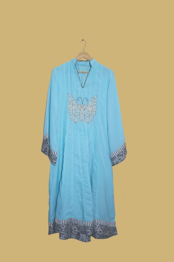 Sky Blue Butterfly Embroidered Kurti with Printed Borders