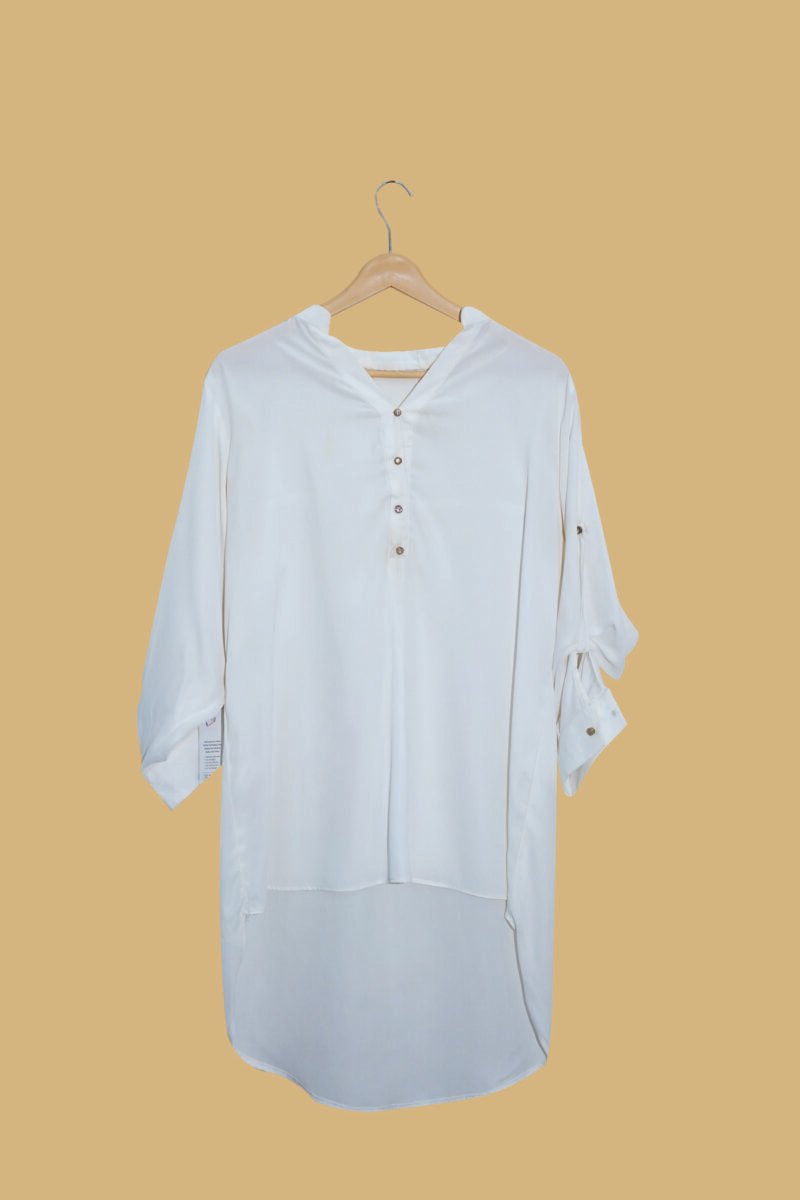 Solid Off-White Long High-Low Shirt with Button Details