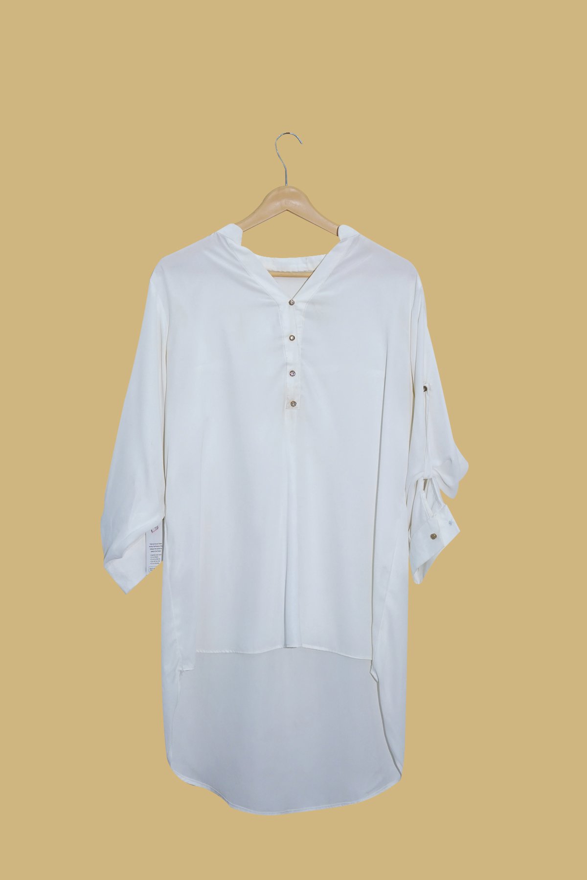 Solid Off-White Long High-Low Shirt with Button Details