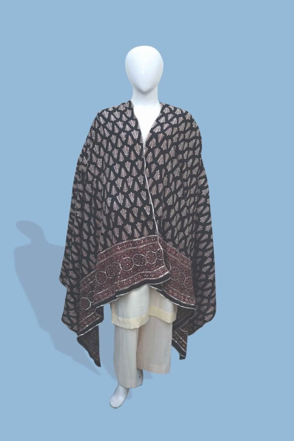 Sukoon – Block Printed Black Shawl with Maroon Border Detailing