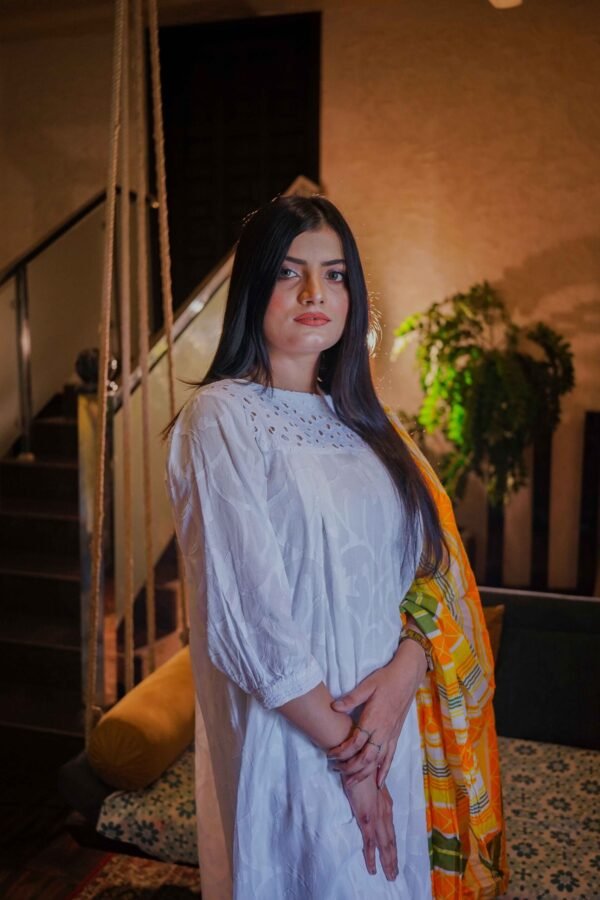 Sunlit Grace – White Embroideries with Citrus Bloom