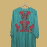 Teal Checkered Kurti with Bold Red Floral Embroidery