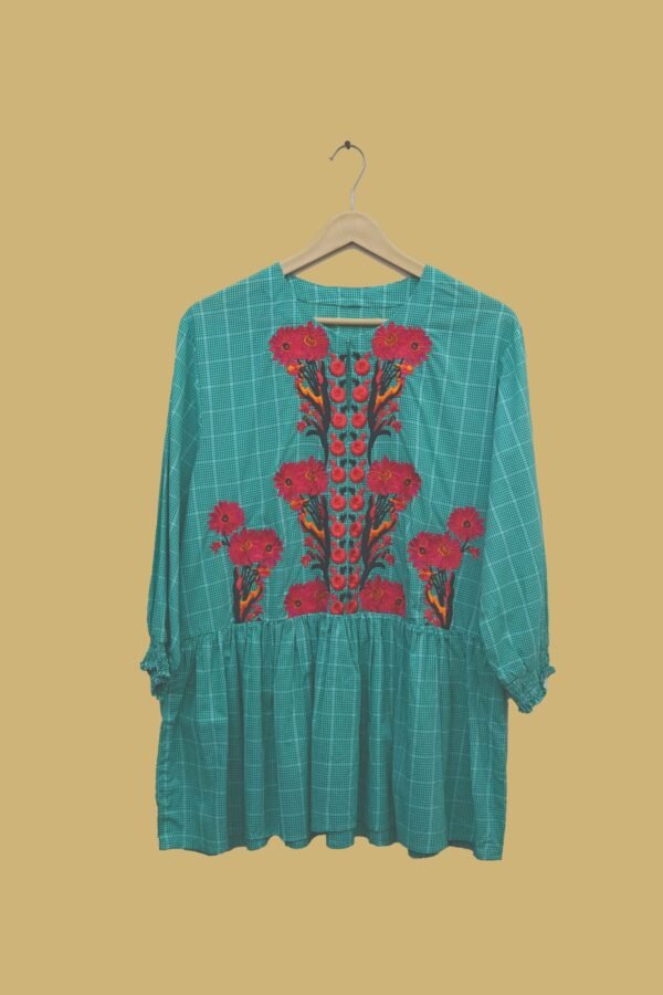 Teal Checkered Kurti with Bold Red Floral Embroidery