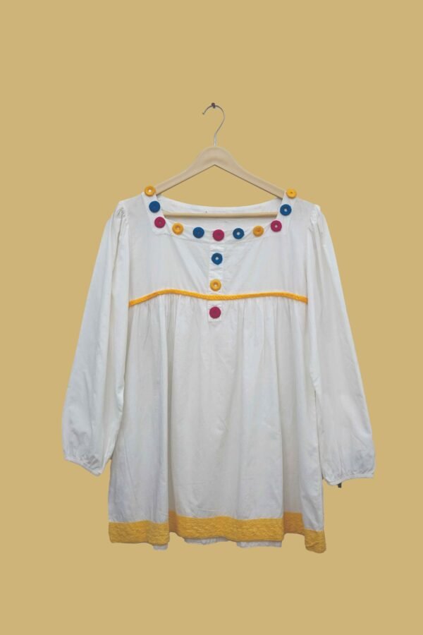 White Cotton Kurti with Multicolor Button Detailing