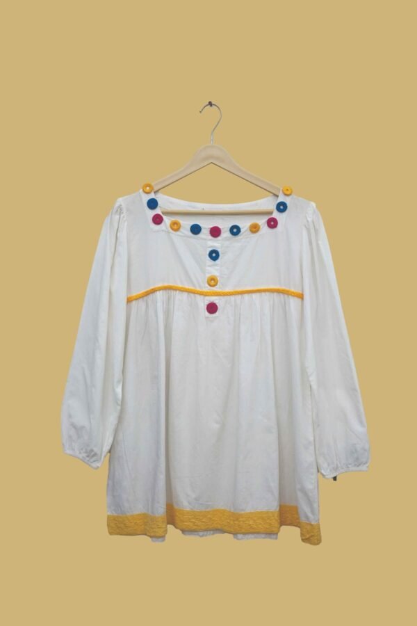 White Cotton Kurti with Multicolor Button Detailing