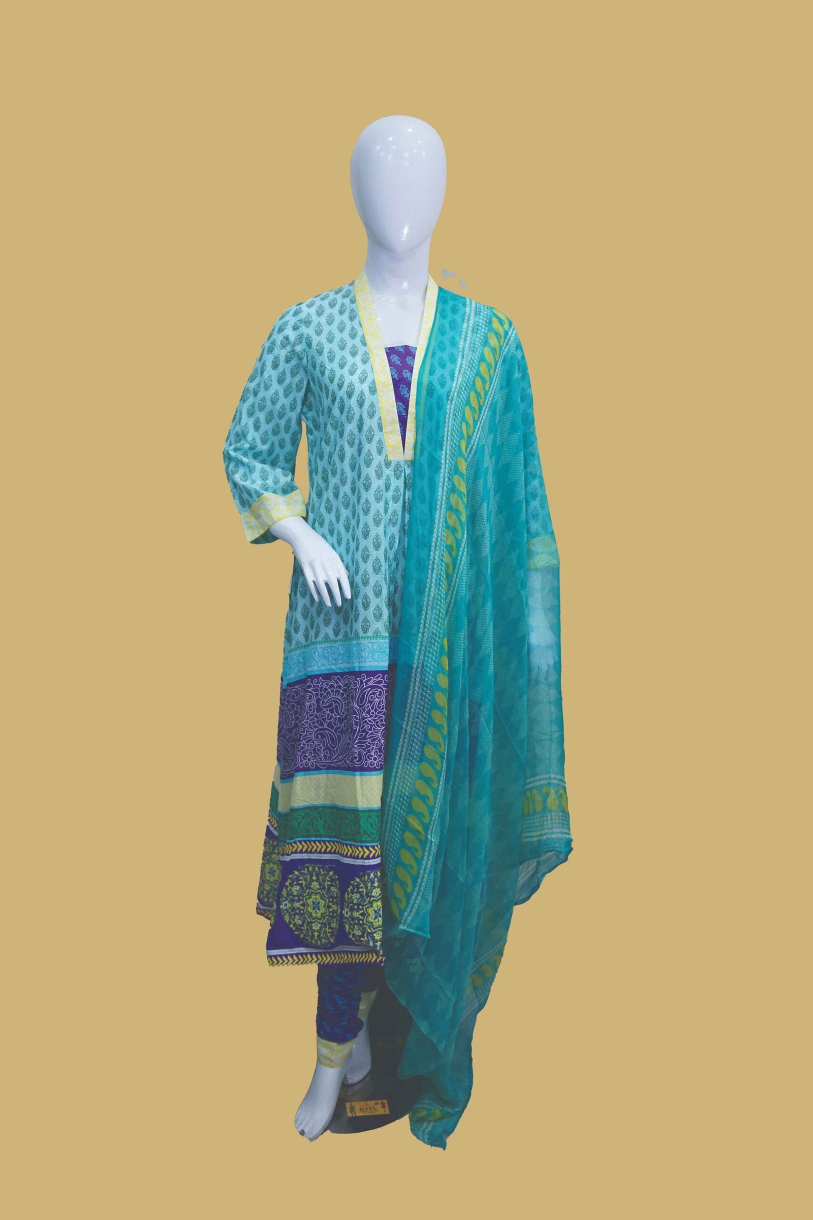 Aqua Lawn Suit with Contrast Dupatta