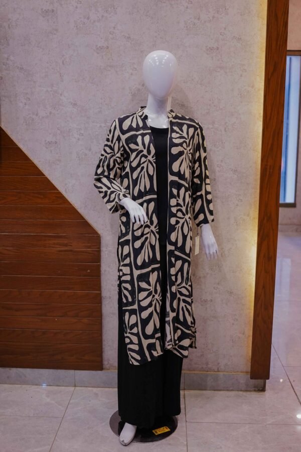 Black 2-Piece Set with Bold Cream Printed Coat