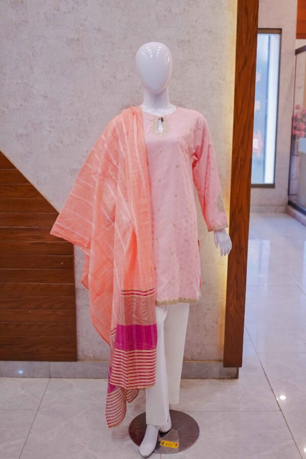 Blush Pink Embroidered Suit with Contrasting Coral & Magenta Dupatta