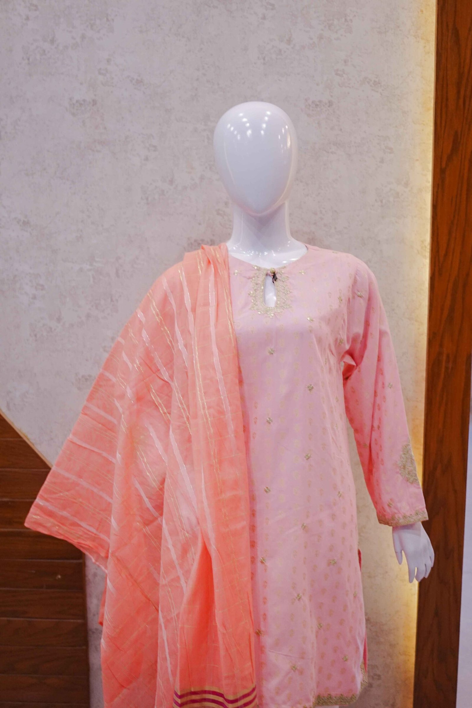 Blush Pink Embroidered Suit with Contrasting Coral & Magenta Dupatta