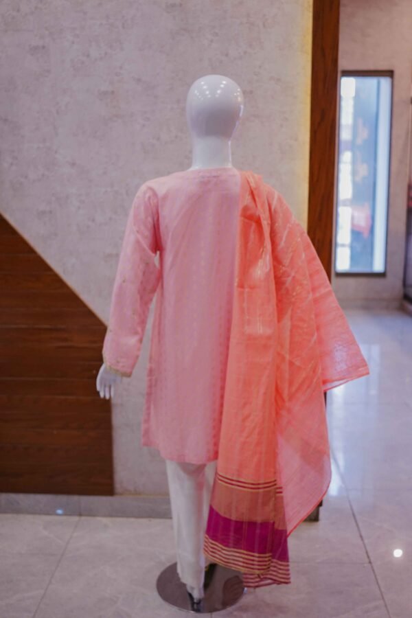 Blush Pink Embroidered Suit with Contrasting Coral & Magenta Dupatta