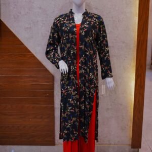 Bold Red Two-Piece Set with Black Floral Printed Coat