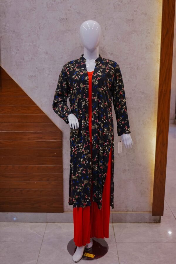 Bold Red Two-Piece Set with Black Floral Printed Coat