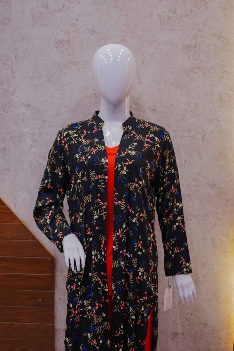 Bold Red Two-Piece Set with Black Floral Printed Coat