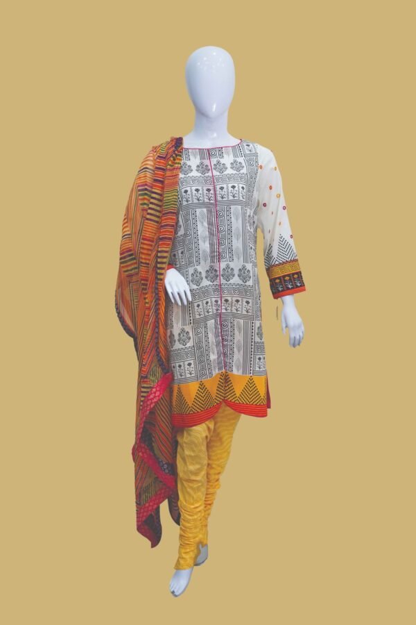 Chic White & Mustard Printed Suit with Tribal Accents