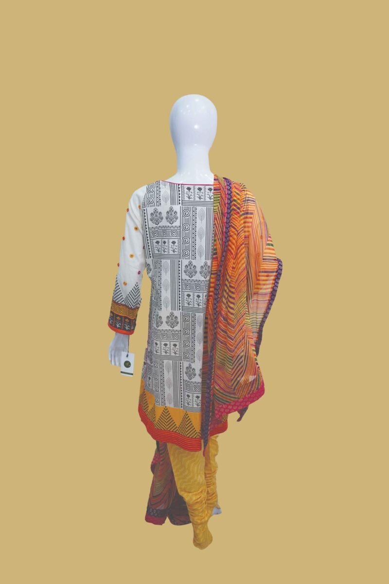 Chic White & Mustard Printed Suit with Tribal Accents