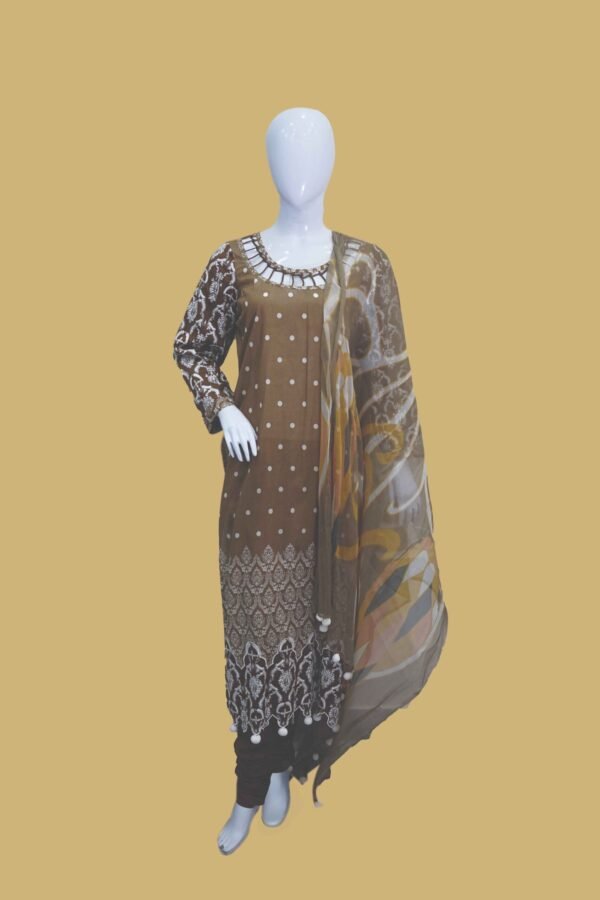 Chocolate Brown Embroidered Lawn Suit with Printed Dupatta