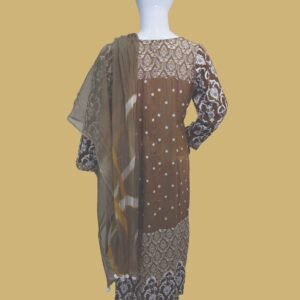 Chocolate Brown Embroidered Lawn Suit with Printed Dupatta