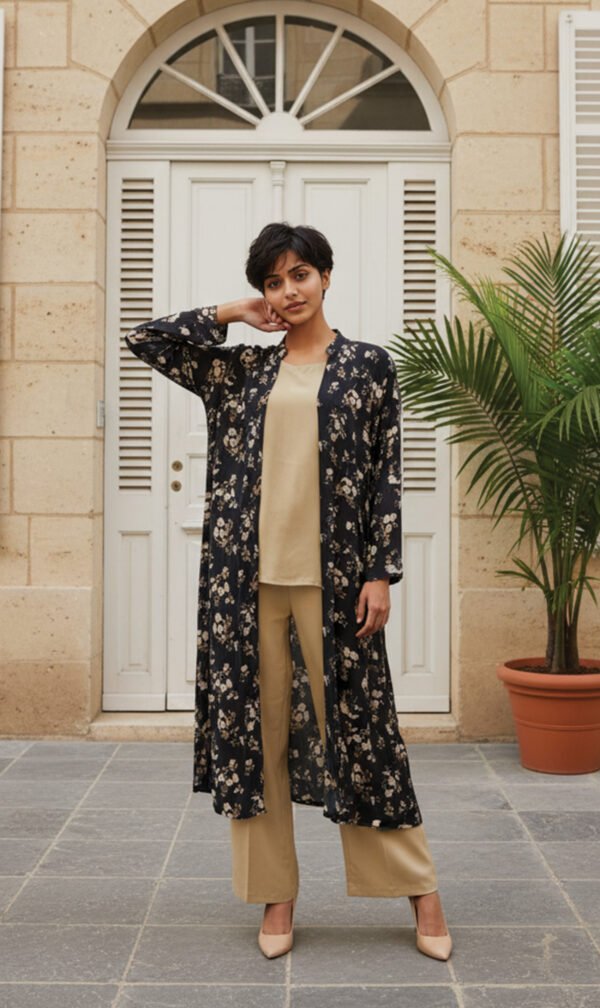 Classic Beige 2-Piece Set with Black Floral Coat