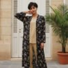 Classic Beige 2-Piece Set with Black Floral Coat