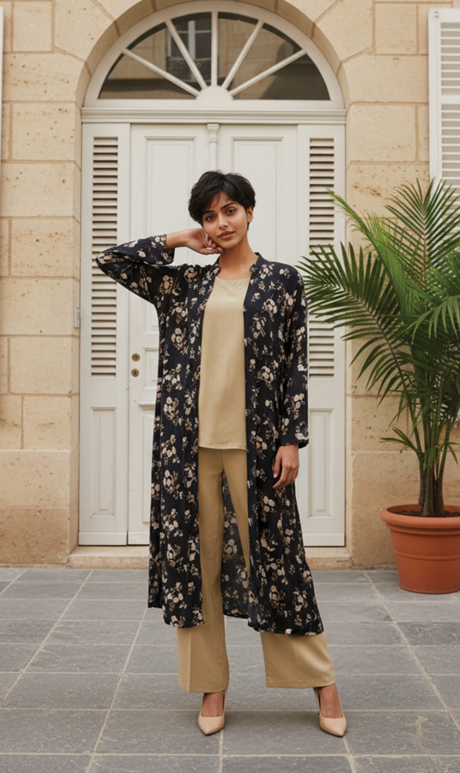 Classic Beige 2-Piece Set with Black Floral Coat