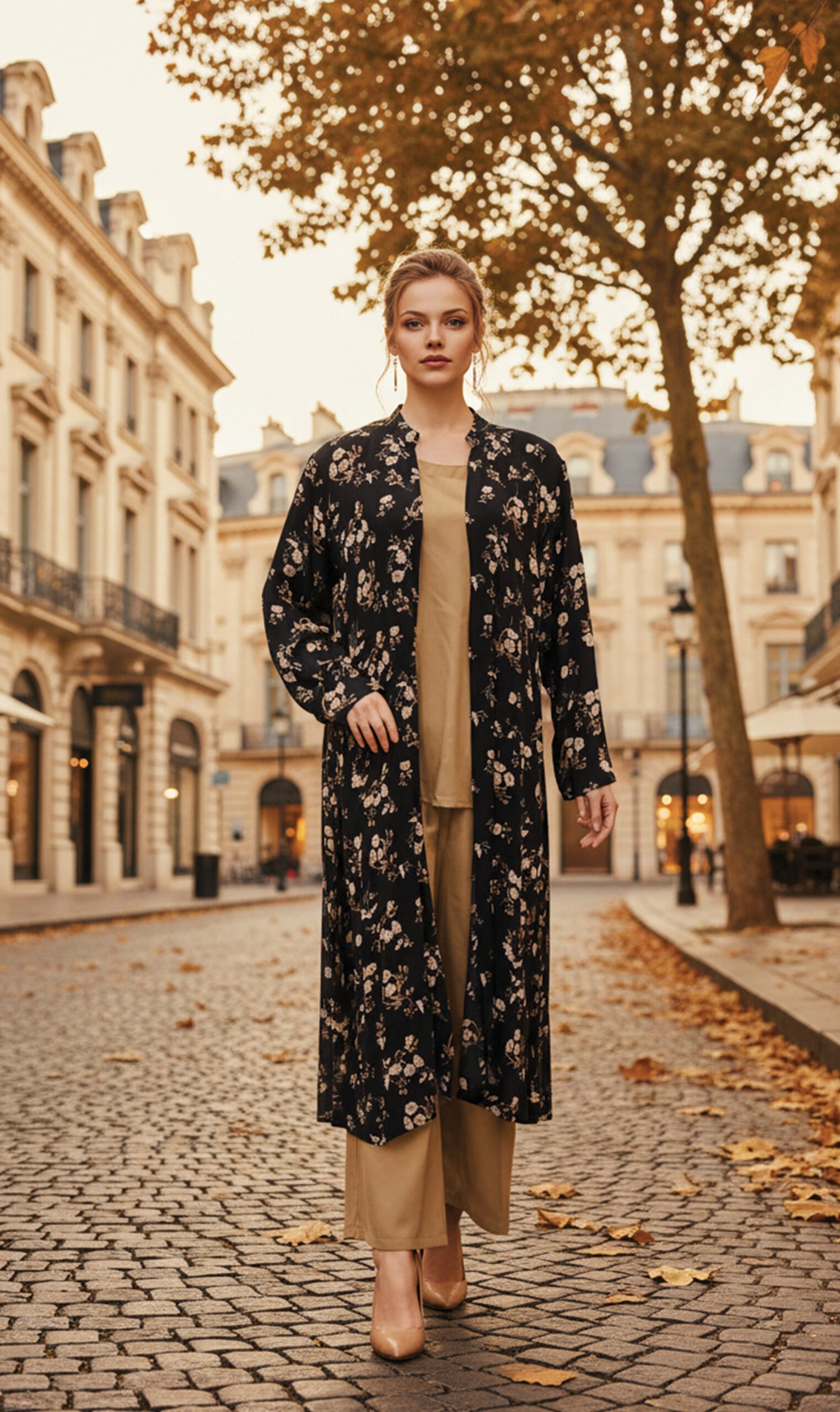 Classic Beige 2-Piece Set with Black Floral Coat