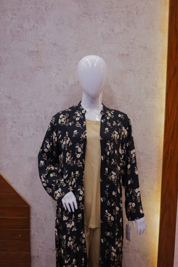 Classic Beige 2-Piece Set with Black Floral Coat