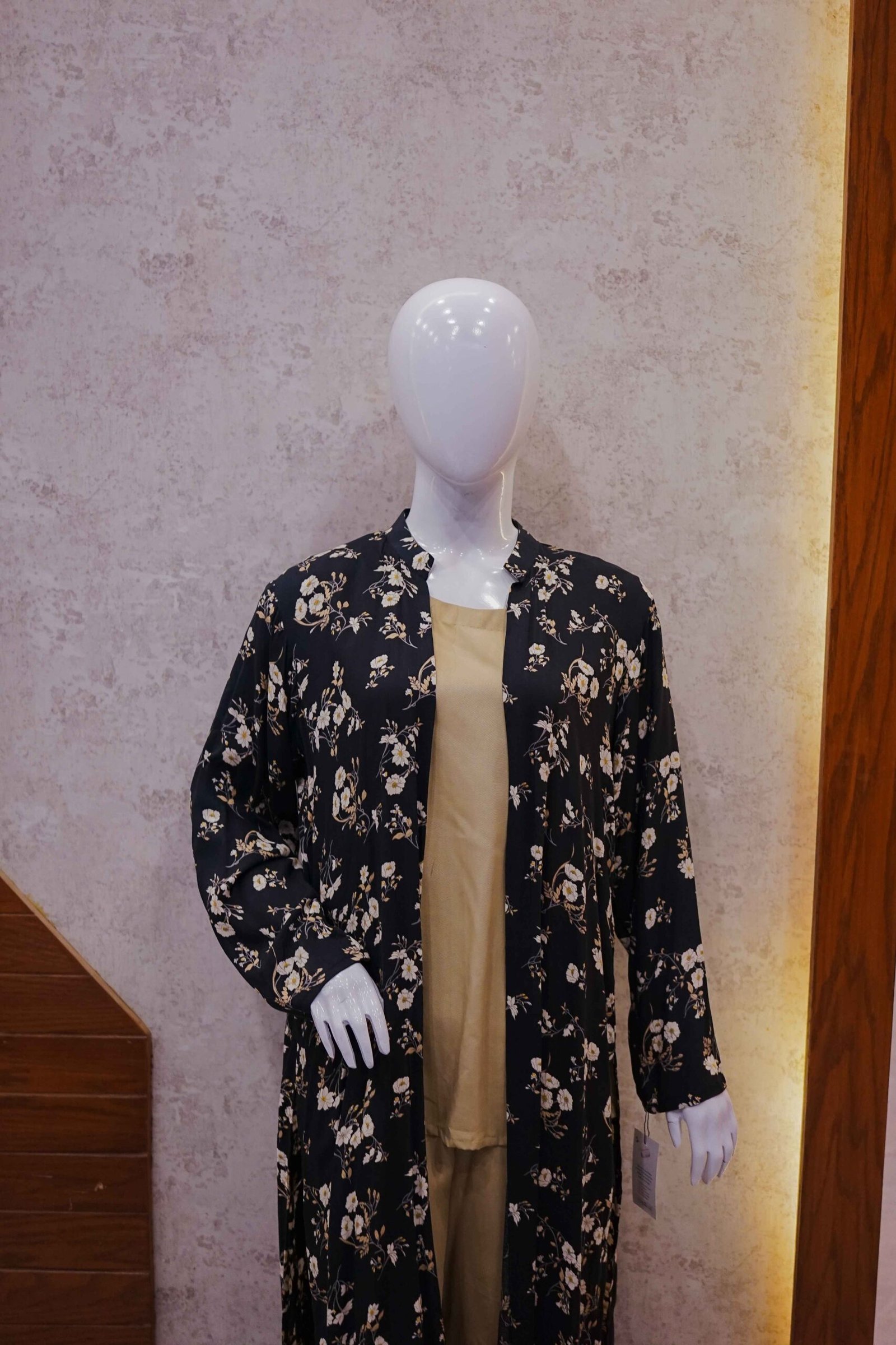 Classic Beige 2-Piece Set with Black Floral Coat