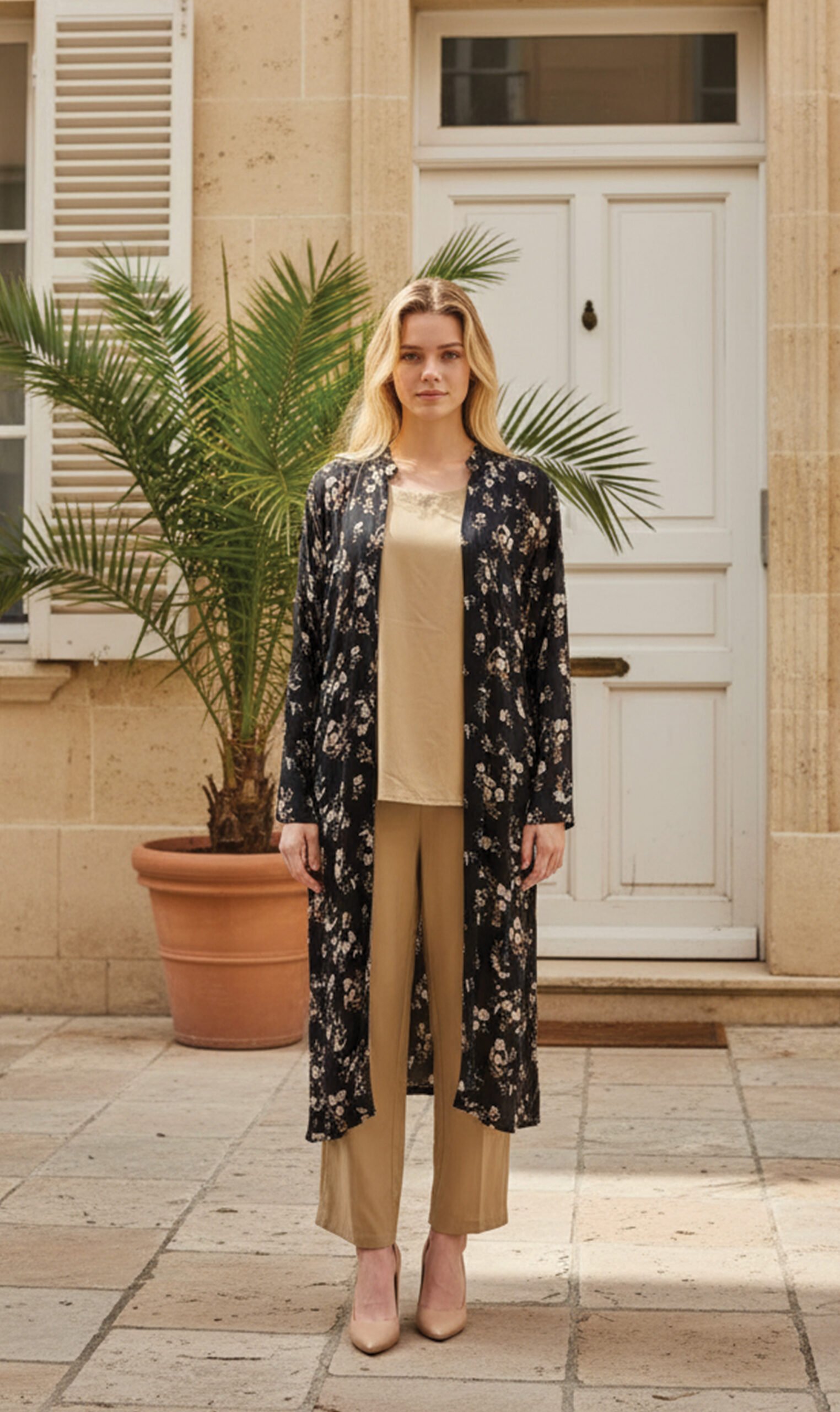 Classic Beige 2-Piece Set with Black Floral Coat