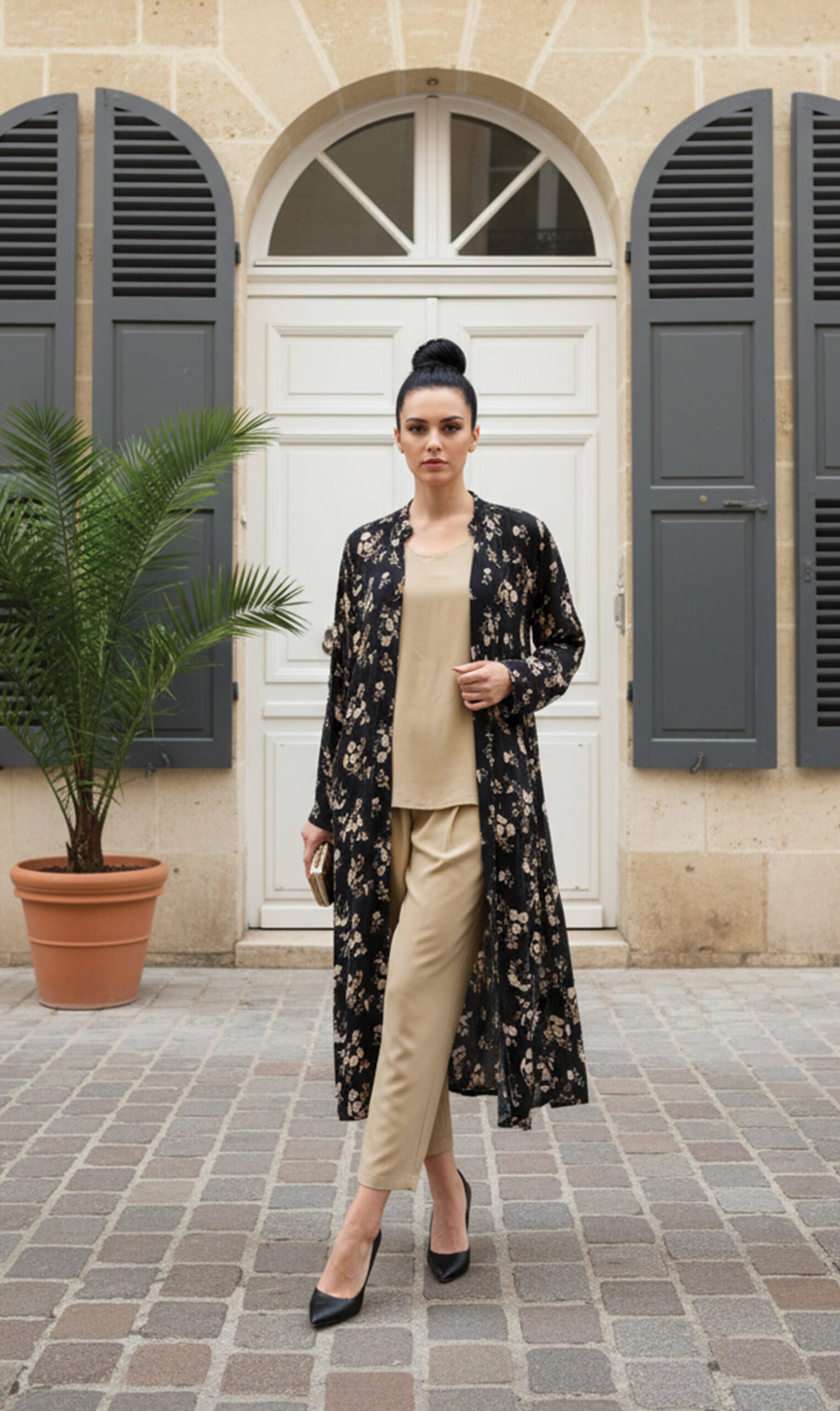 Classic Beige 2-Piece Set with Black Floral Coat