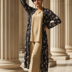 Classic Beige 2-Piece Set with Black Floral Coat